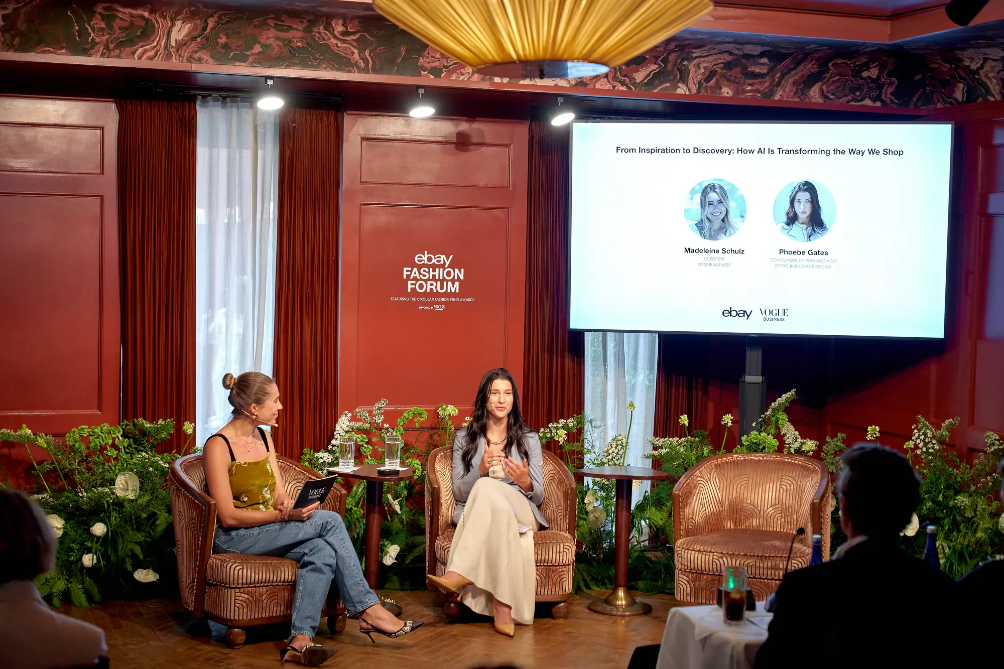 Vogue Business US editor Madeleine Schulz in conversation with Phia co-founder Phoebe Gates on the Fashion Forum stage