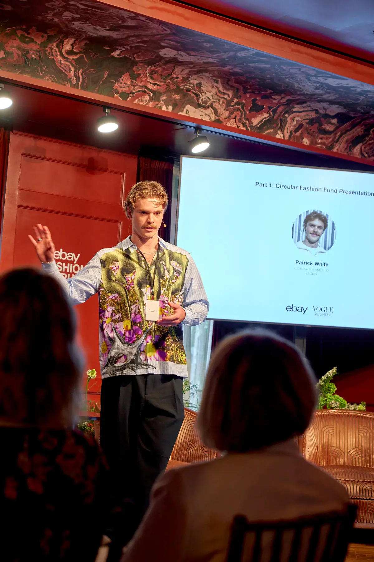 Patrick White pitching Ragpiq during the Circular Fashion Fund presentations, eBay and Vogue Business logos on screen