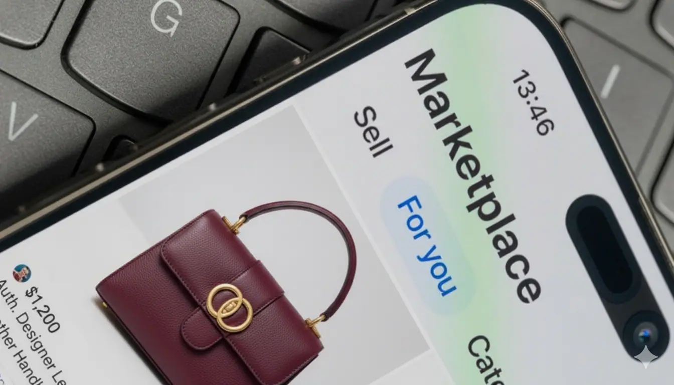 Facebook Marketplace open on a phone beside a designer handbag