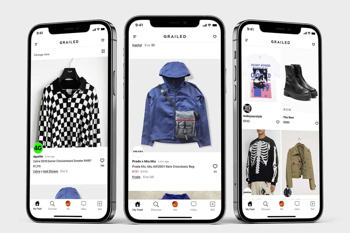 The Grailed app showing streetwear and designer listings