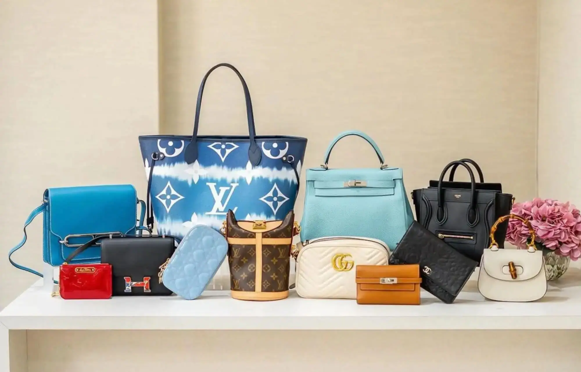 A lineup of designer handbags ready for resale