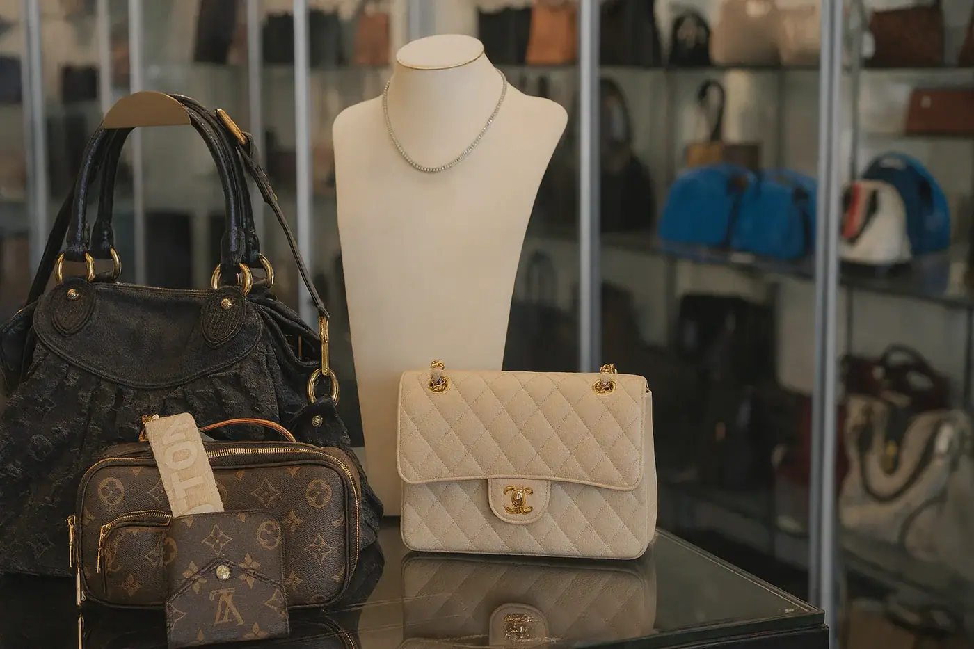 Authenticated luxury bags in a display case at Lost Designer, Toorak