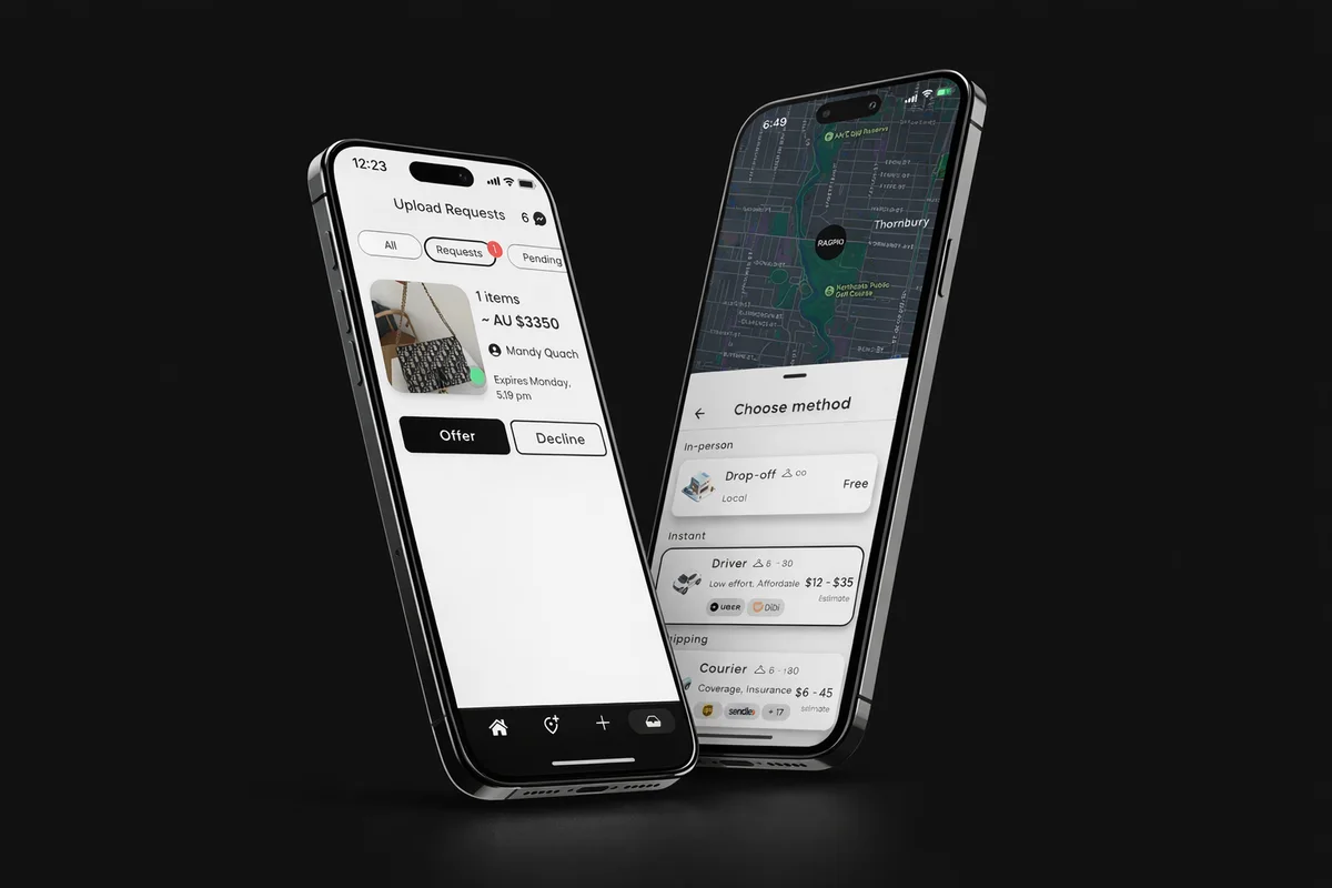 The Ragpiq app on iPhone: reviewing upload requests and choosing a pickup or shipping method